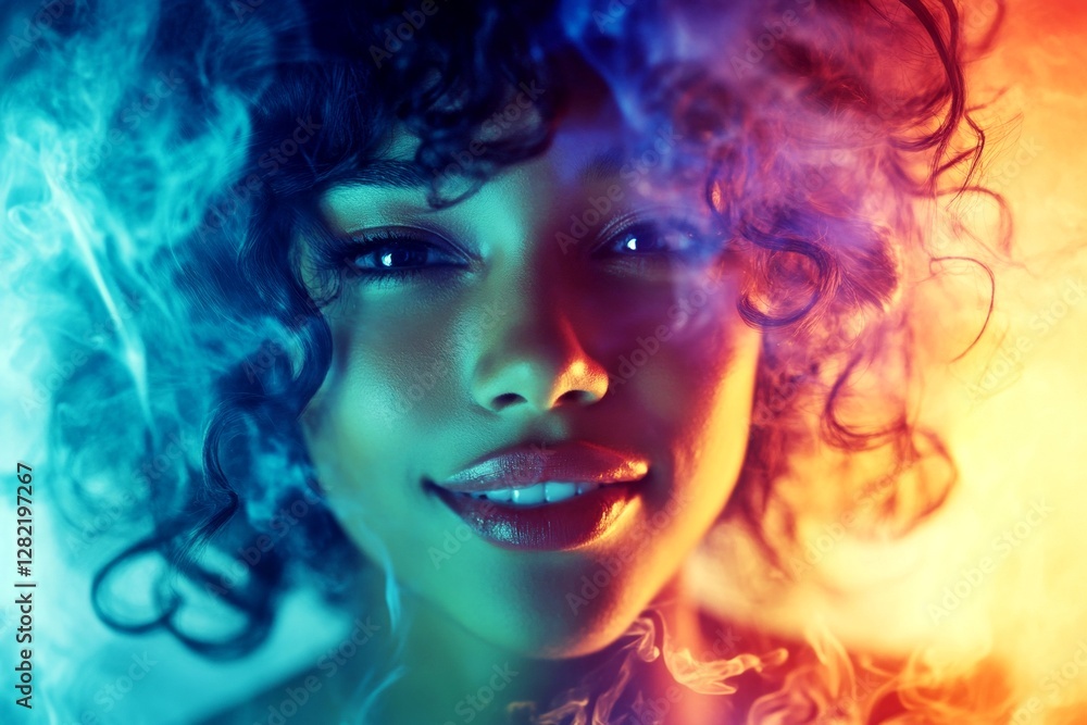 Fototapeta premium Short trim - curly hair. Commercial ad conceptual art. Gorgeous smiling black girl - for ads, marketing material and web marketing use. African american commercial art. Woman with short hair.