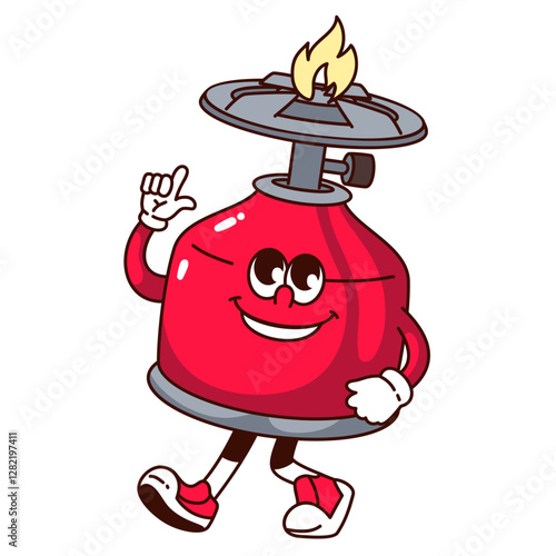 Groovy camping gas stove cartoon character walking with finger up. Funny retro red portable gas burner with fire. Camping mascot, cartoon food cooker sticker of 70s 80s style vector illustration