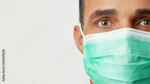 Close-Up of Man Wearing Green Medical Mask with Serious Expression