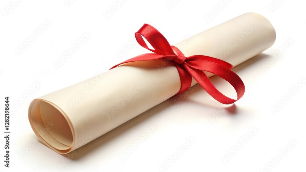 Rolled Document with Red Ribbon on White Background Rolled Document with Red Ribbon on White Background