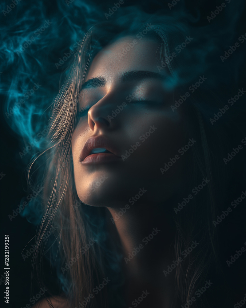 Mysterious woman with closed eyes surrounded by smoke Mysterious woman with closed eyes surrounded by smoke