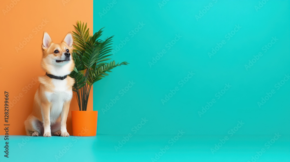 Cheerful Corgi Sitting Beside Potted Plant Against Colorful Background