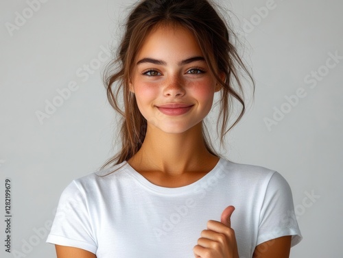 Wallpaper Mural Confident Smiling Woman in White Tee Giving Thumbs-Up High-Quality Photo Torontodigital.ca