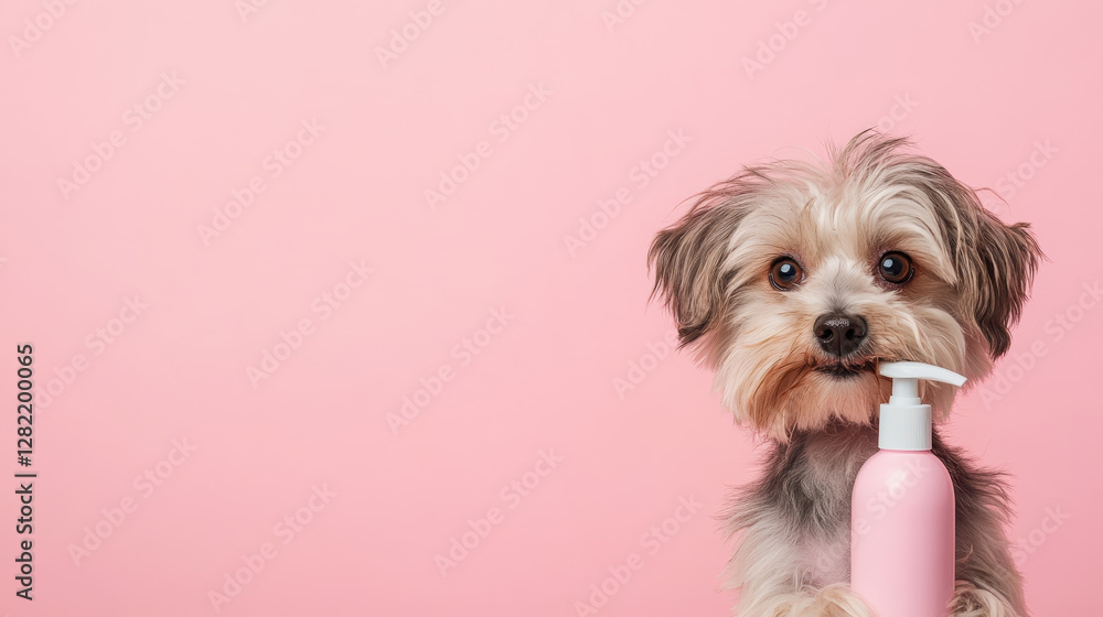 Cute Yorkshire Terrier Holding a Pink Bottle on Pink Background