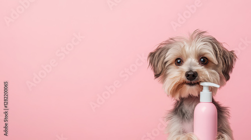Obraz na płótnie Cute Yorkshire Terrier Holding a Pink Bottle on Pink Background w salonie
