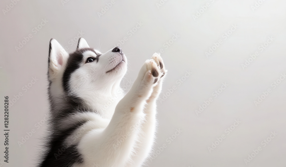 Adorable Siberian Husky Puppy Asking for Treats with Playful Pose