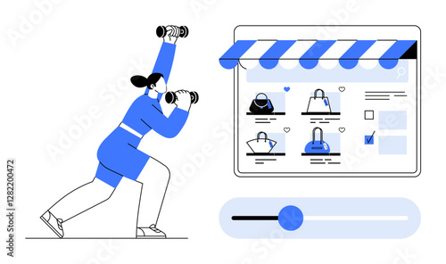 Woman exercising with barbells beside an online shopping platform displaying handbags and accessories. Ideal for e-commerce, fitness, health, shopping, digital marketing, sports lifestyle, and female