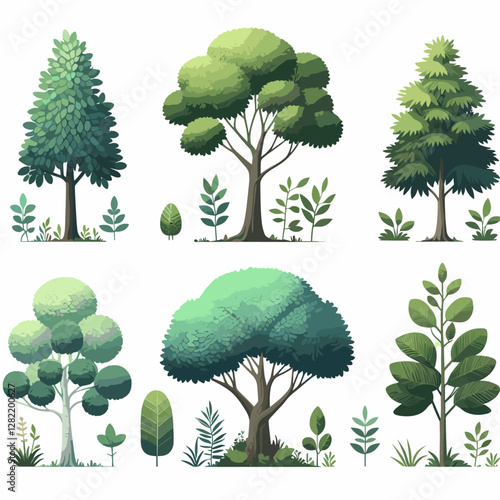 A vibrant illustration showcasing a set of various tree types, including different shapes, sizes, and colors. Perfect for environmental projects, educational materials, landscape design presentation
