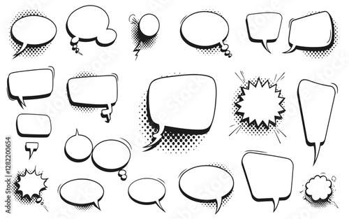 Hand drawn vector set of speech bubbles icons and labels