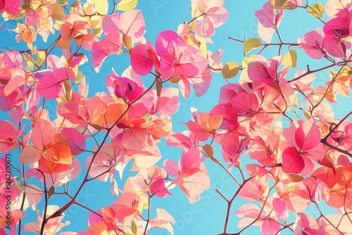 Pink Bougainvillea Blooms Against A Vivid Blue Sky