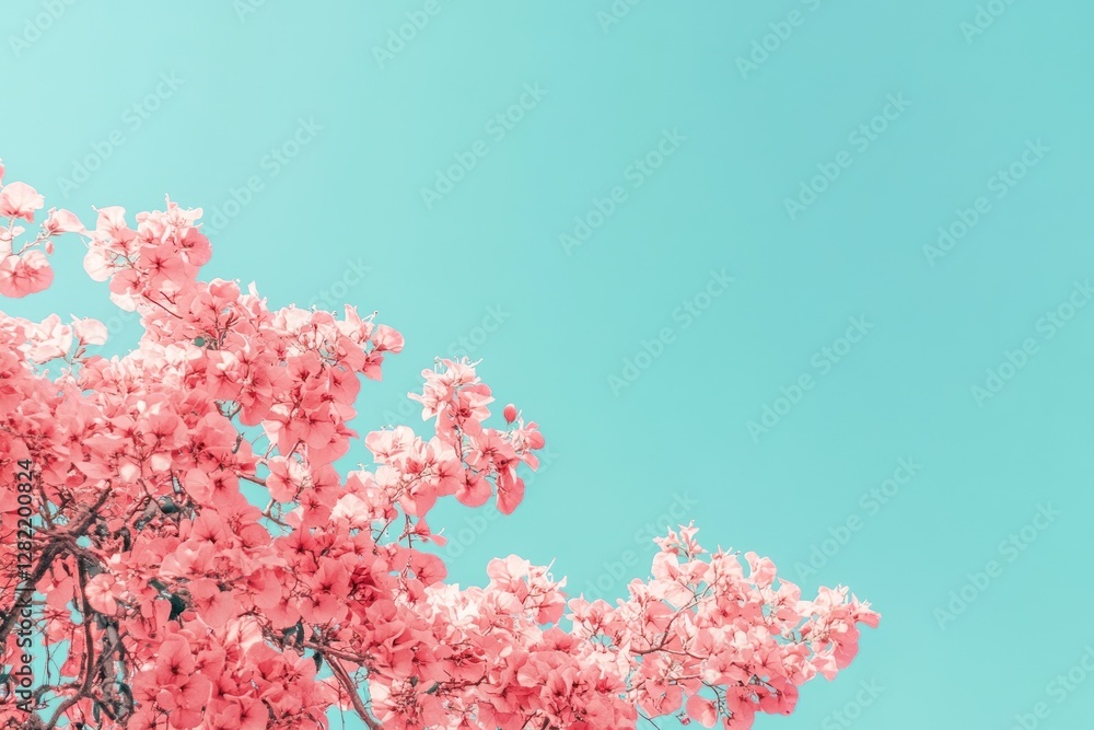 Fototapeta premium Pink Bougainvillea Blooms Against A Pastel Blue Sky