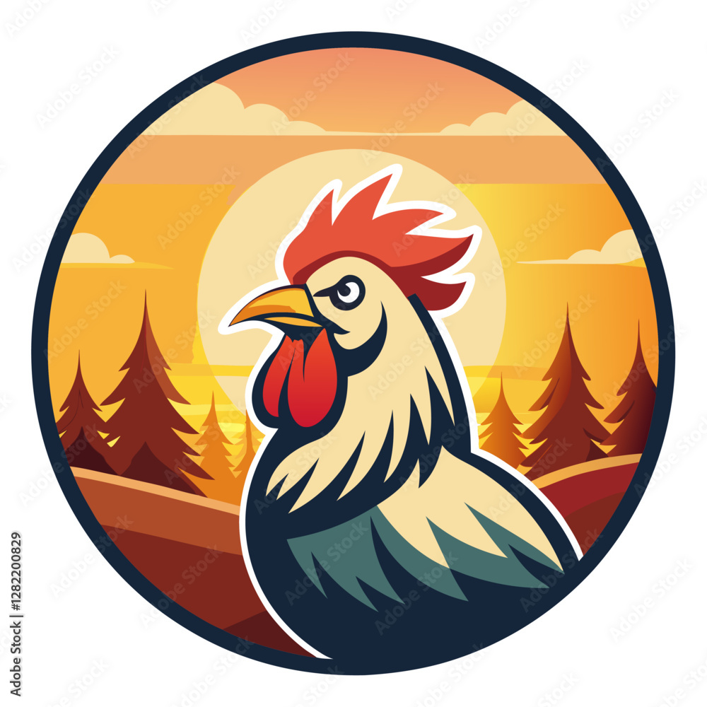 Fototapeta premium Farm Rooster Crowing at Sunrise - Vector Illustration, Clipart, and Line Art Design, Farm rooster crowing at sunrise, vector illustration, clipart, and line art design on a white background.