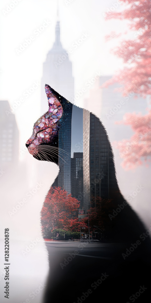 Artistic Cat Silhouette with Urban Skyline and Fall Foliage