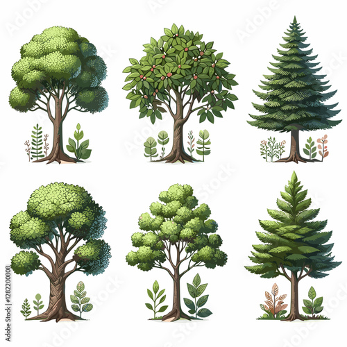 A vibrant illustration showcasing a set of various tree types, including different shapes, sizes, and colors. Perfect for environmental projects, educational materials, landscape design presentation