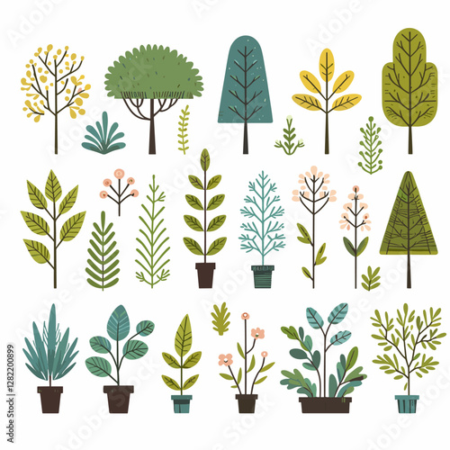 A vibrant illustration showcasing a set of various tree types, including different shapes, sizes, and colors. Perfect for environmental projects, educational materials, landscape design presentation