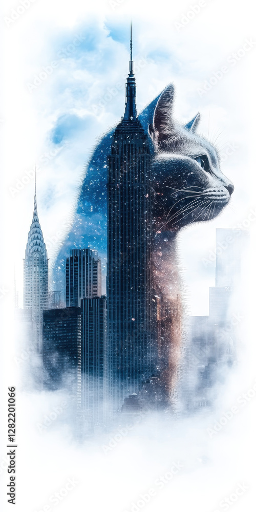 Cat Silhouette Over New York City Skyline with Urban Clouds