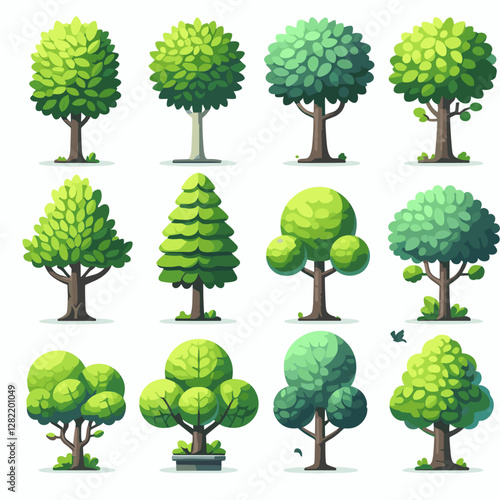 A vibrant illustration showcasing a set of various tree types, including different shapes, sizes, and colors. Perfect for environmental projects, educational materials, landscape design presentation