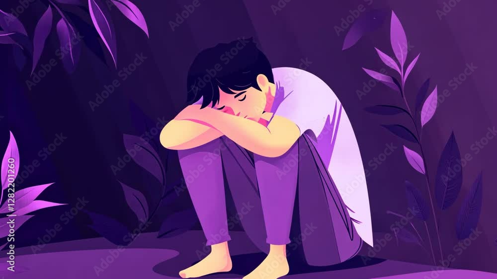 Individual sitting alone in a serene but somber environment with purple tones reflecting emotions of sadness Individual sitting alone in a serene but somber environment with purple tones reflecting emotions of sadness