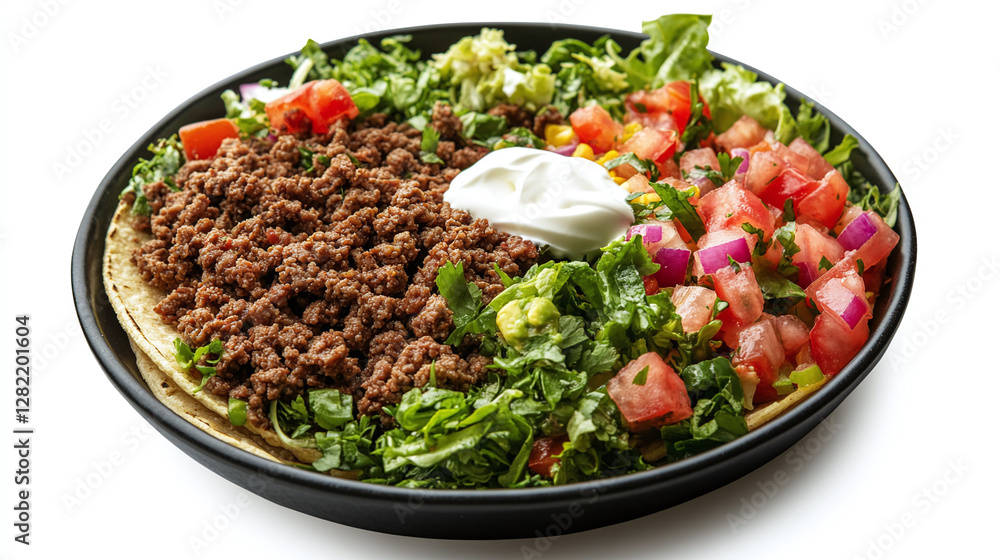 Ground beef, salad and sour cream in a taco plate isolated on white background. Ground beef, salad and sour cream in a taco plate isolated on white background.