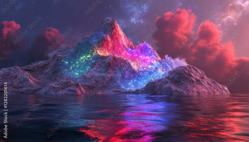 Fototapeta premium Enchanted Mountain Landscape with Colorful Nebula and Reflections