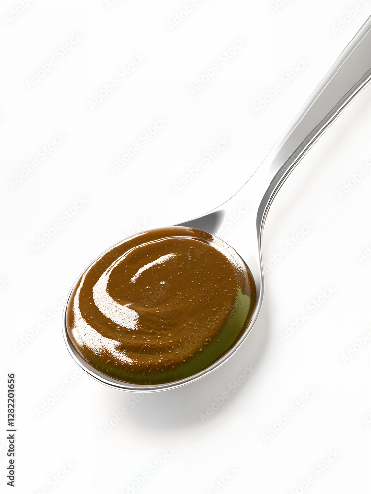 Rich green herbal paste carefully presented on a silver spoon against a clean white background Rich green herbal paste carefully presented on a silver spoon against a clean white background