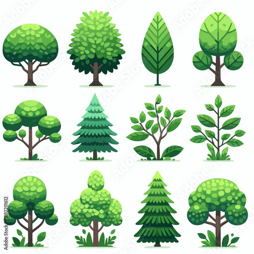 A vibrant illustration showcasing a set of various tree types, including different shapes, sizes, and colors. Perfect for environmental projects, educational materials, landscape design presentation