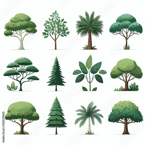 A vibrant illustration showcasing a set of various tree types, including different shapes, sizes, and colors. Perfect for environmental projects, educational materials, landscape design presentation