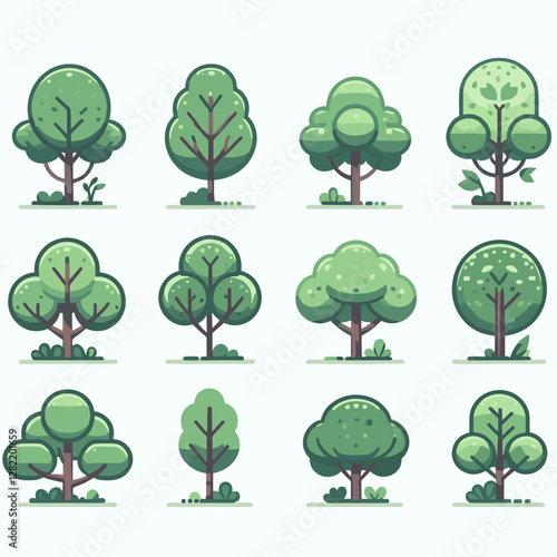 A vibrant illustration showcasing a set of various tree types, including different shapes, sizes, and colors. Perfect for environmental projects, educational materials, landscape design presentation