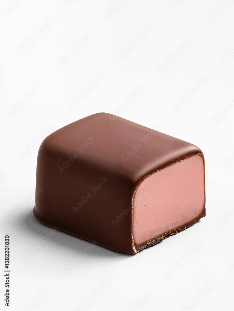 Delicious chocolate dessert with smooth pink filling placed on a clean background Delicious chocolate dessert with smooth pink filling placed on a clean background