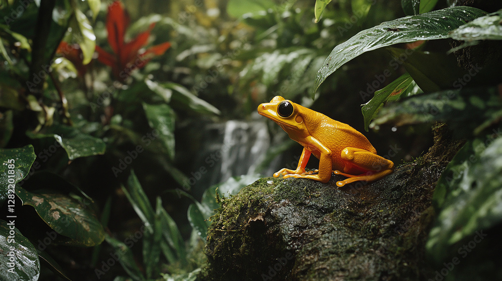 Fototapeta premium Macro of a yellow poison dart frog sitting in a tropical rainforest.