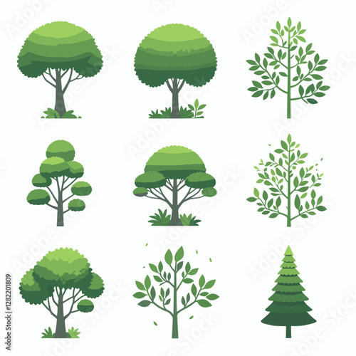 A vibrant illustration showcasing a set of various tree types, including different shapes, sizes, and colors. Perfect for environmental projects, educational materials, landscape design presentation