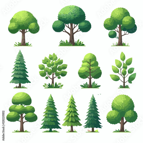 A vibrant illustration showcasing a set of various tree types, including different shapes, sizes, and colors. Perfect for environmental projects, educational materials, landscape design presentation