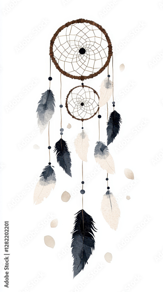 Dreamcatcher Design with Feathers and Beads in Soft Watercolor Style