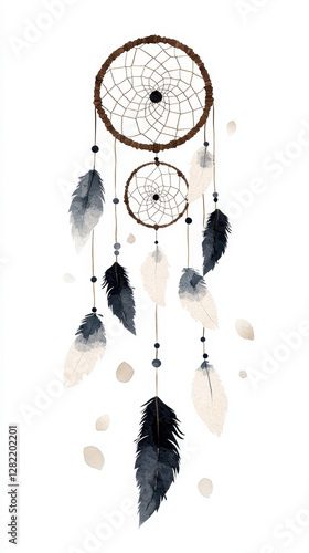 Obraz na płótnie Dreamcatcher Design with Feathers and Beads in Soft Watercolor Style w salonie