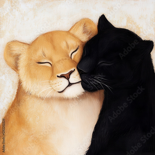 Obraz na płótnie Close Companionship Between Two Beautiful Big Cats in Embrace w salonie