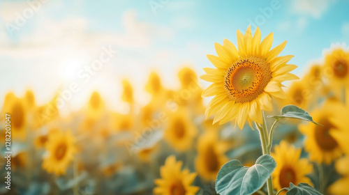 Obraz na płótnie Bright Sunflower in Field Under Blue Sky at Golden Hour w salonie