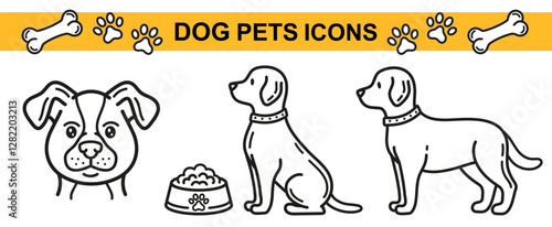 Cute dog puppy pet animal, labrador retriever pup, young terrier sitting, standing, rottweiler head face portrait line icon. Canine food shop. Doggy eat bowl. Veterinary health care, training. Vector