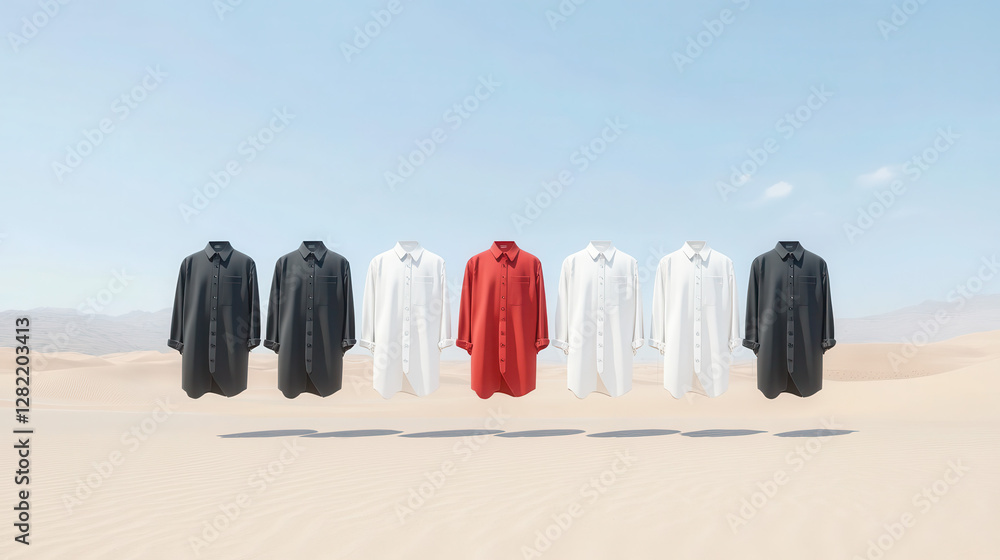 Floating Shirts in Desert Landscape Against Clear Blue Sky
