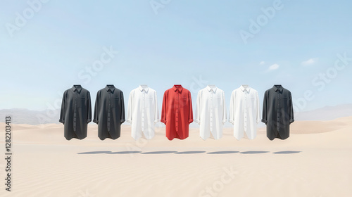 Obraz na płótnie Floating Shirts in Desert Landscape Against Clear Blue Sky w salonie