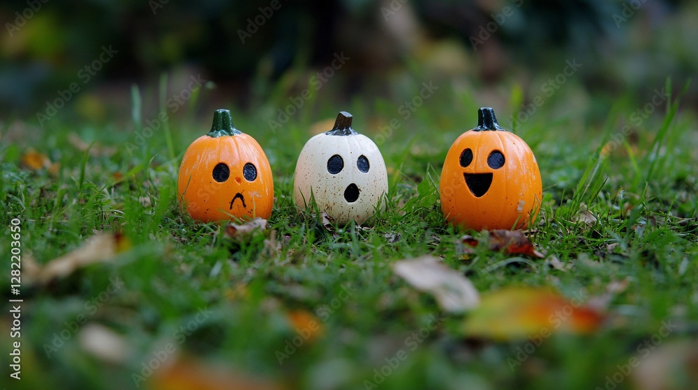 Naklejka premium Three halloween pumpkins showing different emotions sitting on grass