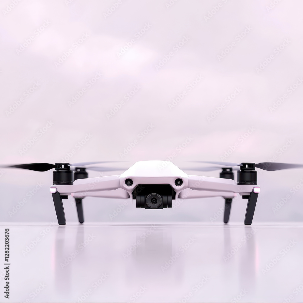 Modern Drone with Camera Facing Forward on a Light Background