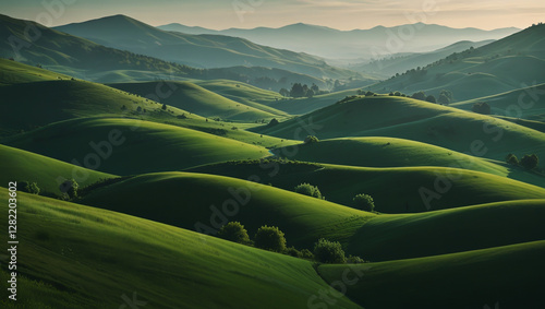 landscape background with green grass and mountains