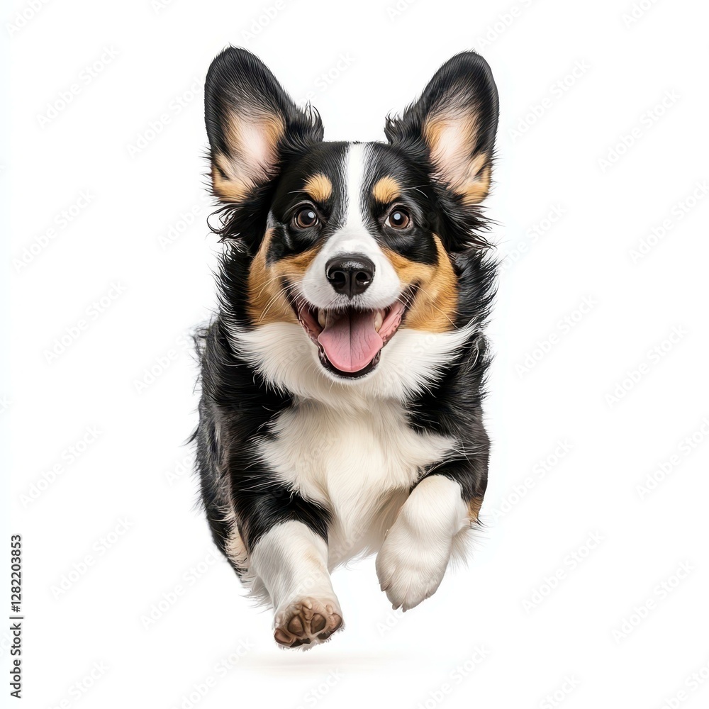 An active dog leaps with joy, capturing its lively spirit against a clean white background. An active dog leaps with joy, capturing its lively spirit against a clean white background.
