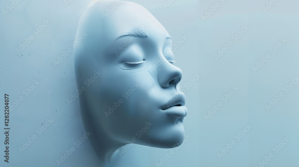 Close-up view of a serene blue mannequin head with closed eyes against a soft background Close-up view of a serene blue mannequin head with closed eyes against a soft background