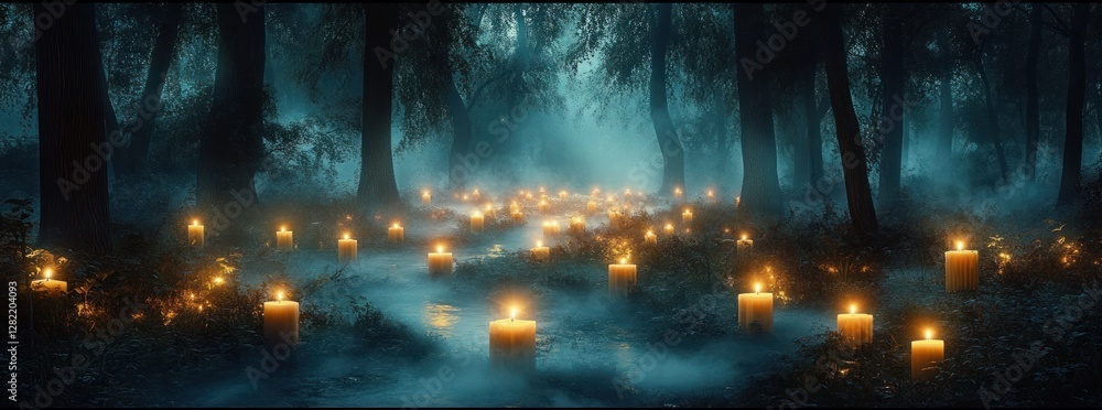 Obraz premium Candlelight in a Mysterious Foggy Forest Creating a Haunting Atmosphere of Witchcraft Magic and Spirituality