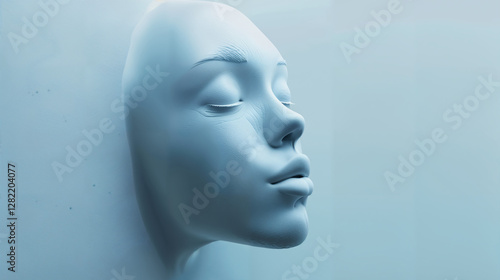 Close-up view of a serene blue mannequin head with closed eyes against a soft background
