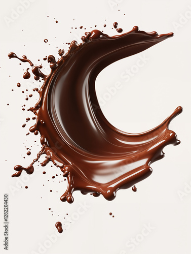 Splash of rich chocolate swirling on a light background, displaying a dynamic motion of liquid richness