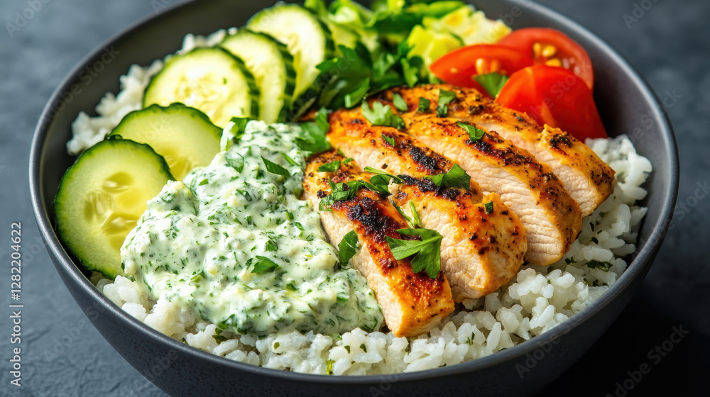 Grilled Chicken Salad with Rice, Yogurt Sauce, Vegetables, and Herbs