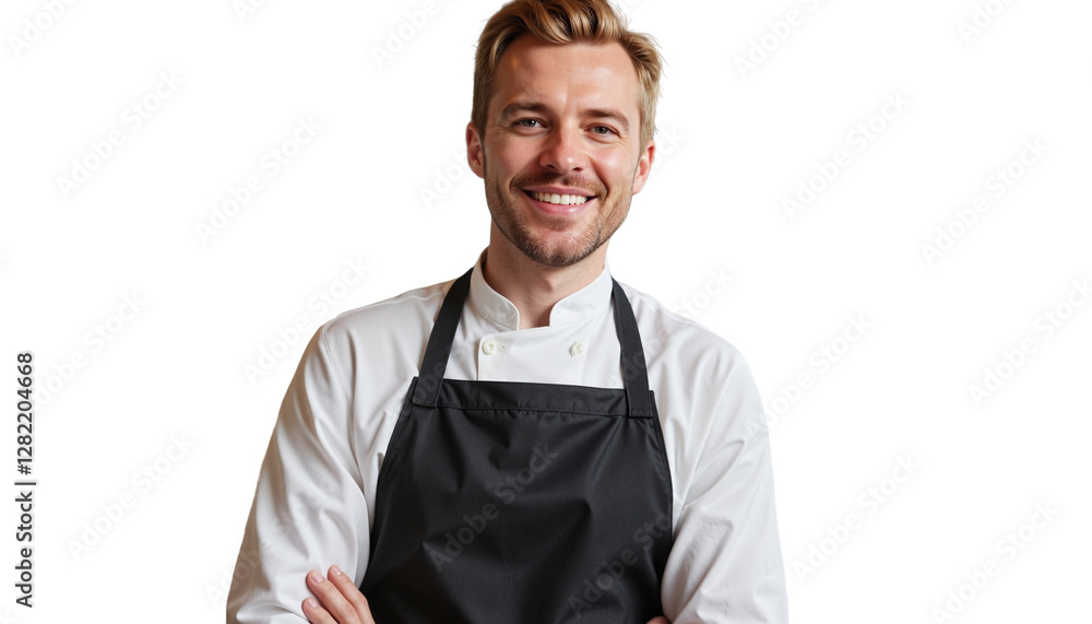 Fototapeta premium Confident European man smiling in kitchen with apron, cooking joy