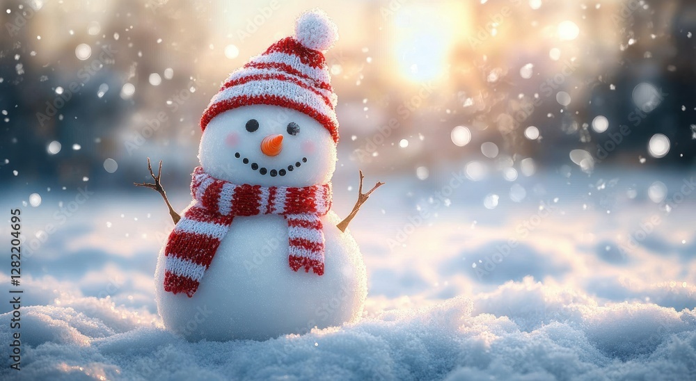 Obraz premium Happy Snowman in Winter Landscape with Red and White Striped Scarf and Hat Surrounded by Gentle Snowfall